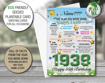 1939 90th Personalised plantable watch me grow greeting card bee friendly eco friendly wild flower card Full of UK facts for nan Gran dad 40