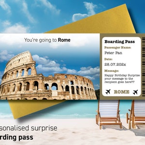 Boarding Pass to ROME, Surprise Trip to Rome, Surprise Boarding Pass Ticket, Flight Ticket, Boarding Pass Gift with envelope & free tag 20