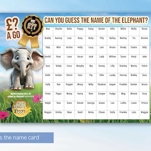 Tarjeta rasca y gana personalizada A4 ELEPHANT Adivina el nombre del juego de recaudación de fondos Fete Fair Fayre Tarjeta rasca y combina a5 - a4 - a3 33