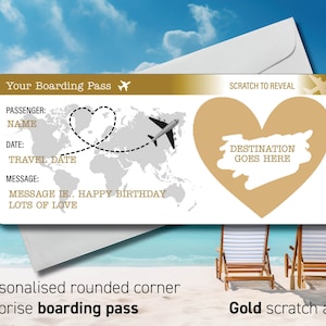 Carta d'imbarco personalizzata con gratta e vinci, carta d'imbarco a sorpresa con gratta e vinci, carta d'imbarco con cuore per una destinazione di vacanza a sorpresa