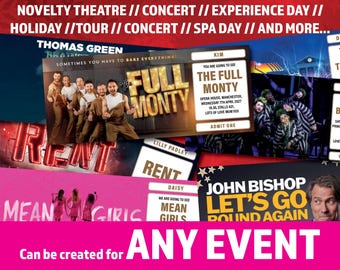 Puede incluir: Una colección de entradas personalizadas para eventos con varios espectáculos y representaciones, incluyendo The Full Monty, Rent, Mean Girls y John Bishop. Los diseños muestran títulos de eventos, fechas, lugares y nombres en tarjetas rectangulares.