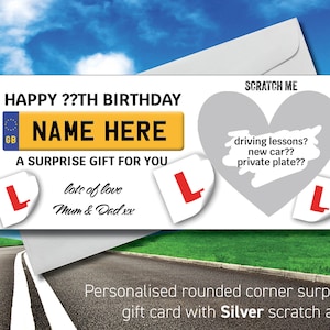 Personalised 17th Birthday Scratch Card, Gift Voucher, Driving lessons new car reveal Scratch Reveal Ticket Surprise Voucher FREE tag 24