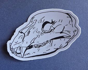 May include: A sticker featuring a detailed illustration of a bear skull in shades of gray and black. The skull is depicted in profile, showcasing the teeth and bone structure. The sticker has a white border and is set against a dark blue background.