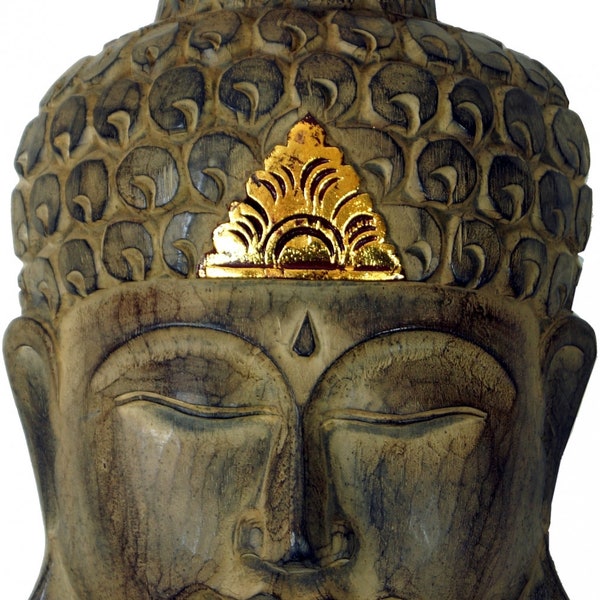 Handgeschnitzte Buddha Maske mit Goldverzierung, Wandschmuck, Ethno Wanddekoration aus Balsaholz