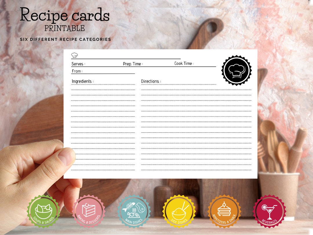 Printable Recipe Cards Set of 7 Color-coded Categories 4x6 and 8.5x11 ...