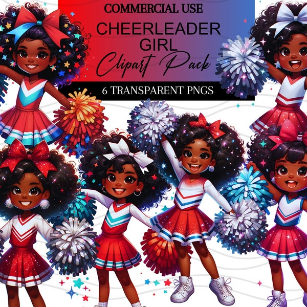 Black Cheerleader Clipart Bundle (Set of 6) - Cheerleaders PNG - Black girl cheer - sublimation - Red White and Blue Cheerleader Clip Art