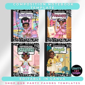 Editable Composition Notebook Template Bundle – 4 Cute Back-to-School Designs | Canva Templates | Personalized Girls School Notebook Covers