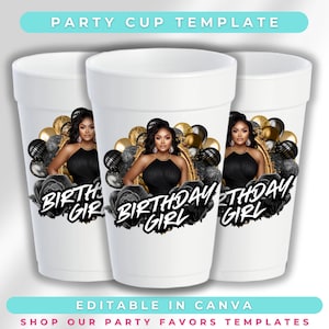 Birthday Cup Template | Black Editable Canva Design for Party Cups | Glam Birthday Styrofoam & Plastic Cup | Printable Custom Party Favors
