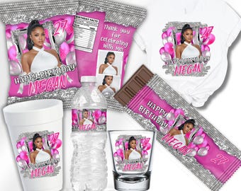 Editable Pink & Silver Birthday Party Favor Bundle | Canva Template | Glam Baddie Printables | DIY Birthday Decor, Favors