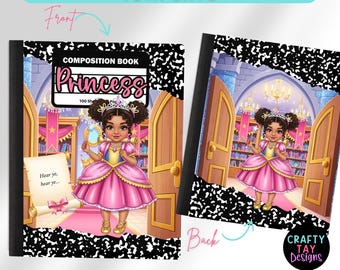 Plantilla editable de portada para cuaderno de composición / Princesa niña / Plantilla Canva para la vuelta al cole / Útiles escolares imprimibles personalizados