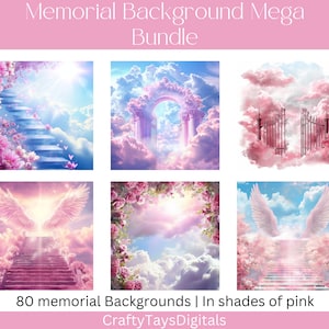 May include: A set of 80 digital backgrounds in shades of pink, featuring images of clouds, gates, stairs, and angel wings. The backgrounds are ideal for memorial projects, such as photo collages, scrapbook pages, and digital invitations.