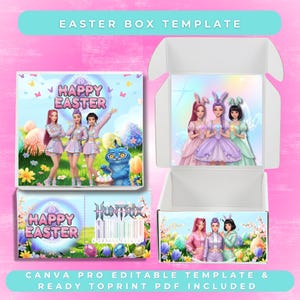Puede incluir: Una plantilla de caja de Pascua con un diseño rosa y blanco. La caja presenta ilustraciones de chicas con orejas de conejo, huevos de Pascua y el texto "HAPPY EASTER". La plantilla incluye el texto "CANVA PRO EDITABLE TEMPLATE & READY TOPRINT PDF INCLUDED".