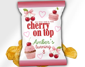 Cherry On Top Birthday Chip Bag Template - Editable Canva Party Favor - Girl Birthday Printable, Cherry Theme, Cherry Birthday Decorations