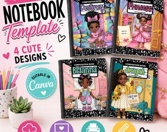 Editable Composition Notebook Template Bundle – 4 Cute Back-to-School Designs | Canva Templates | Personalized Girls School Notebook Covers