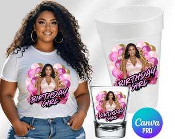 Modèle de toile de lot de filles d'anniversaire modifiable | Verres à liqueur, t-shirt et tasse en polystyrène | Imprimable glamour en or rose | Cadeaux d'anniversaire