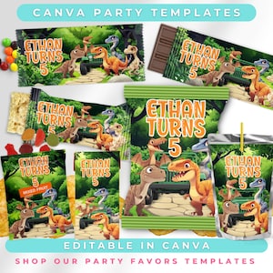 Dinosaur Editable Party Favor Bundle – Dinosaur Party Decorations, Dinosaur Birthday – Dino Party, Canva Templates