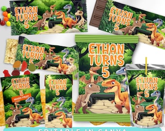 May include: A collection of party favor templates with a dinosaur theme. The designs feature various dinosaurs, a green jeep, and the text "Ethan Turns 5". The templates include candy wrappers, chip bags, and juice boxes. The text "Editable in Canva" is also visible.