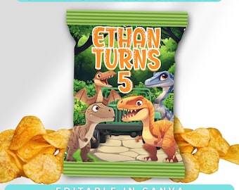 Dinosaur Editable Chip Bag – Dinosaur Party Decorations, Dinosaur Birthday – Dino Party Favors, Canva Template