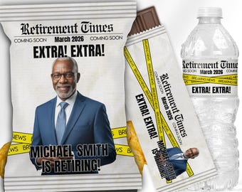 Retirement Times Party Favor Bundle – Editable Canva Templates | Retirement Newspaper Theme | Chips, Water Bottle Label, Candy Bar Wrapper