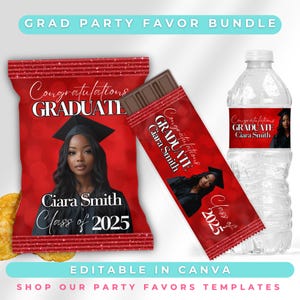 Red Graduation Party Favor Bundle – Chip Bag, Chocolate Bar Wrapper, Water Bottle Label | Editable Canva Templates | Class of 2025 |