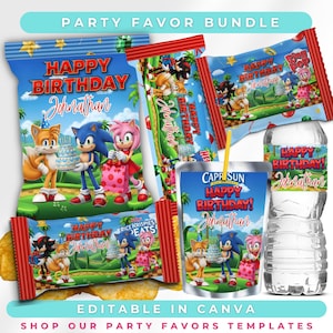 May include: A Sonic the Hedgehog themed party favor bundle featuring custom wrappers for chip bags, Rice Krispies Treats, Ring Pops, and water bottles. Each item displays the text Happy Birthday Johnathan with colorful character graphics.
