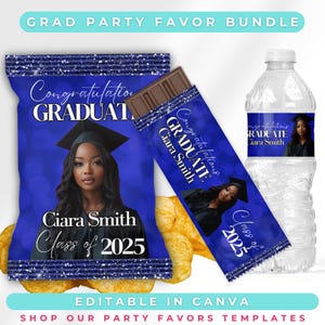 Blue Graduation Party Favor Bundle – Chip Bag, Chocolate Bar Wrapper, Water Bottle Label | Editable Canva Templates | Class of 2025 |