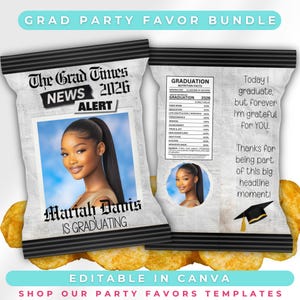 Editable Graduation Chip Bag Template | Class of 2026 Party Favor | Canva Template for Grad Party, Printable Chip Bag | News Headline Style