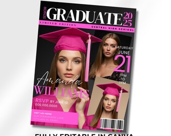 Graduation Magazine Template | Editable Canva Design | Class of 2025 Grad Keepsake | Instant Download | 3 page editable magazine template