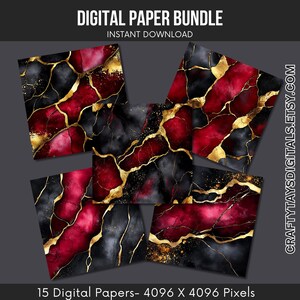 Elegant Red, Black, and Gold Marble Digital Paper Bundle | 15 Marble Agate Textures | 4096x4096px Digital Scrapbook Papers