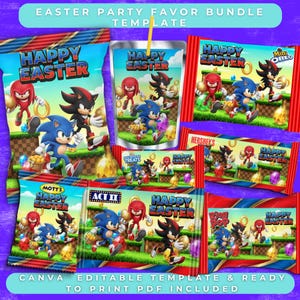 May include: An Easter party favor bundle template featuring various treats and drinks with Sonic the Hedgehog characters. The packaging includes the text "Happy Easter" and "Easter Party Favor Bundle Template". The design is colorful with a purple background.