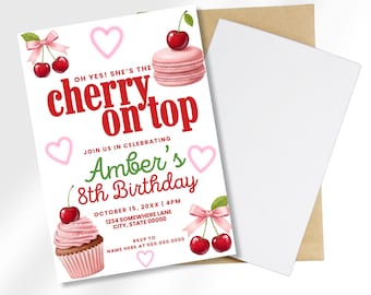 Cherry Birthday Invitation Editable Canva Template - Canva Girl Birthday Invite - Cherry On Top Party Theme - Coquette Birthday Printable