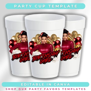 Birthday Cup Template | Red Editable Canva Design for Party Cups | Glam Birthday Styrofoam & Plastic Cup | Printable Custom Party Favors