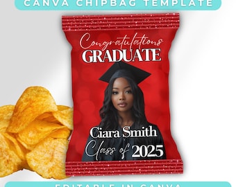 May include: Red chip bag template with a glitter design. The bag features a photo of a graduate wearing a black cap and gown. The text on the bag reads "Congratulations Graduate" and "Ciara Smith Class of 2025".