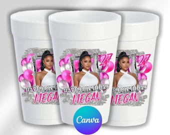 Pode incluir: Três copos de festa brancos com um design de aniversário. Cada copo apresenta uma foto de uma mulher, balões rosa e o texto "Happy Birthday Megan" com o número "27". Os copos são rotulados como "Party Cup Template" e "Editable in Canva".