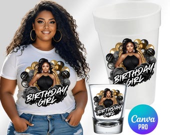 Modèle de toile de lot de filles d'anniversaire modifiable | Verres à liqueur, t-shirts et tasses en polystyrène | Noir doré glam imprimable | Cadeaux d'anniversaire