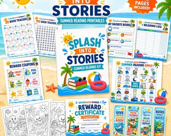 May include: A summer reading kit titled Splash Into Stories featuring 22 printable pages including book trackers, a reading log, reward coupons, bingo cards, coloring pages, and bookmarks with colorful beach-themed illustrations and text.