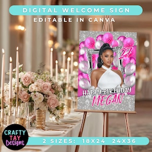 Editable Pink & Silver Birthday Party Welcome Sign | Welcome Poster | Party Posters | Canva Template Birthday Dinner Sign | Digital Download