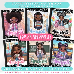 May include: Composition notebook cover templates featuring illustrations of girls with the name "Amiyah". The covers have a black and white marble design. The text includes "Can be resized to fit any notebook" and "Editable in Canva (7.5 x 9.75 in)".