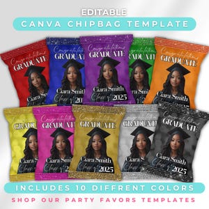 Graduation 2025 Chip Bag Template Bundle - 10 Colors | DIY Party Favor Design | Instant Download | Fully Editable in Canva