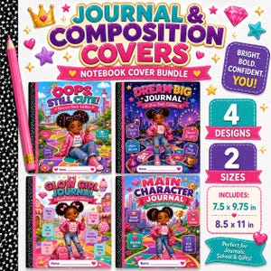 Pacote de capas para cadernos e diários imprimíveis, 4 designs fofos para meninas, 2 tamanhos, download digital em PDF para volta às aulas.