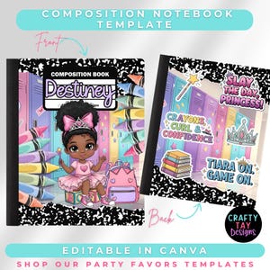 Editable Composition Notebook Cover Template | Kindergarten Princess | Back to School Canva Template | Personalized School Supplies