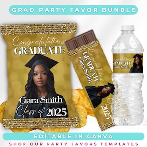 Gold Graduation Party Favor Bundle – Chip Bag, Chocolate Bar Wrapper, Water Bottle Label | Editable Canva Templates | Class of 2025 |