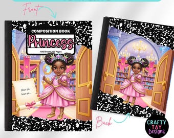 Plantilla editable de portada para cuaderno de composición / Princesa niña / Plantilla Canva para la vuelta al cole / Útiles escolares imprimibles personalizados