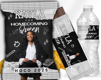 Pacchetto bomboniere per la festa di ritorno a casa: sacchetto di patatine, tavoletta di cioccolato, bottiglia d'acqua / Modello Canva modificabile / Elezione della regina della campagna HOCO 2025