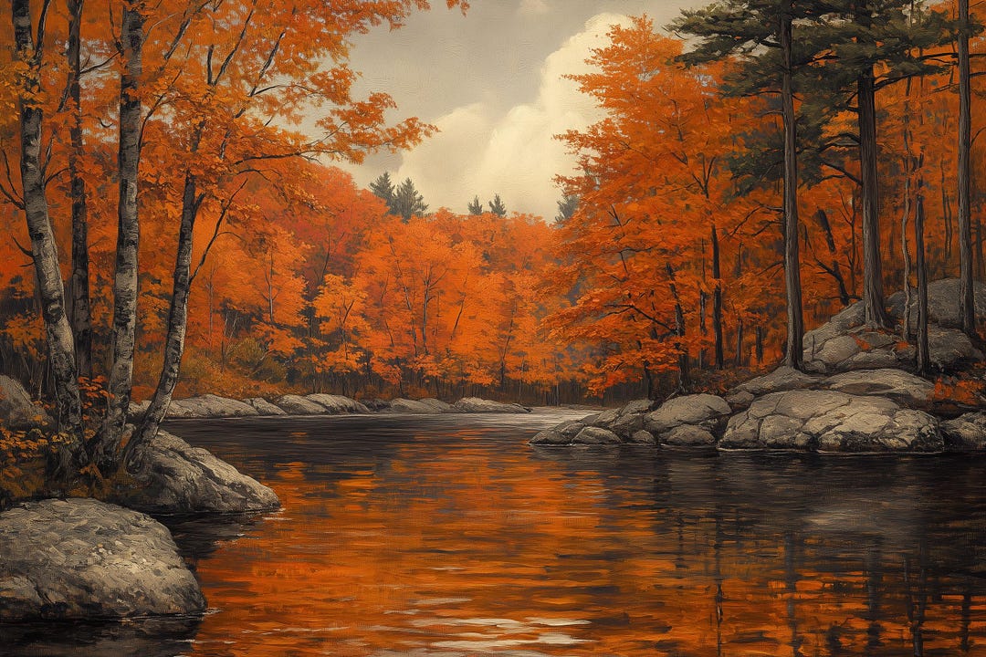 Fall Autumn Leaves Trees Peaceful River Landscape Wall Art Print Oil ...