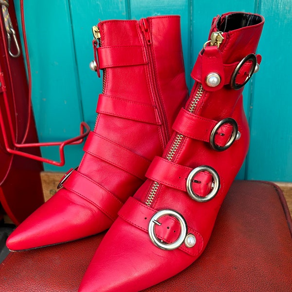 Punk Red & Gold Buckle Boot Heels