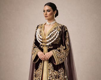 Luxury Burgundy Velvet Kaftan | Gold Embroidered Arabic Takchita Dress, Bridal Gown