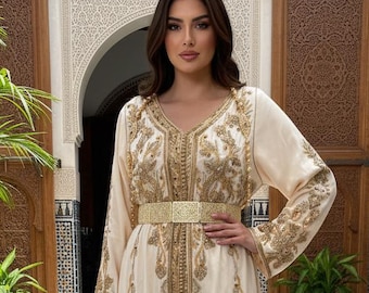 Champagne Crepe Kaftan Dress | Gold Embroidered Dubai Style Caftan McBride