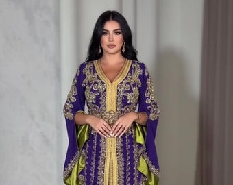 Purple Moroccan Kaftan Crepe Dress | Luxury Gold Embroidery, Dubai Style Wedding Guest Gown