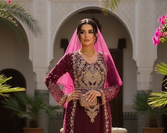 Luxury Maroon Moroccan Bridal Kaftan, Gold Embroidered Wedding Dress, Handmade Takchita